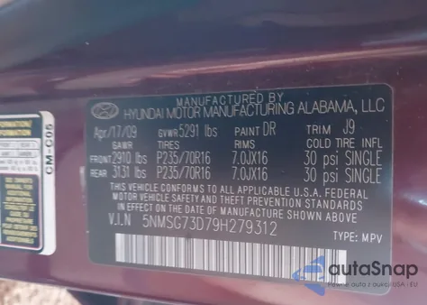 2009 Hyundai Santa Fe Gls z USA, uszkodzony, nr VIN 5NMSG73D79H279312